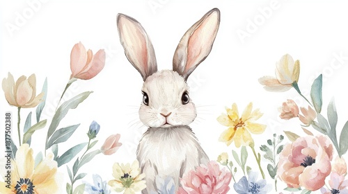 Watercolor bunny surrounded by pastel flowers, elegant hand-painted style suited for holiday invitations and merchandise