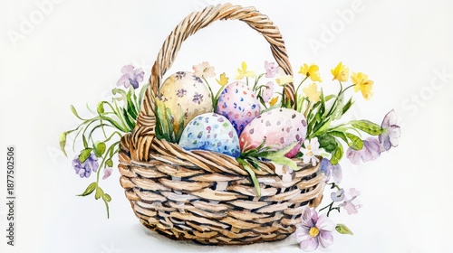 Watercolor Easter basket filled with flowers and eggs, hand-painted charm and elegant spring mood
