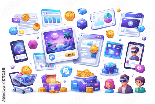 Digital assets and virtual reality technology, crypto trading and NFT marketplace concept