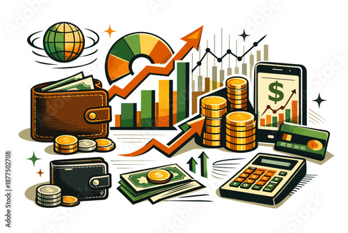 Financial growth and investment concepts with charts, money, and digital tools