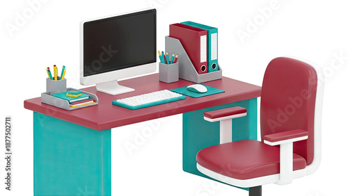 Cartoon-style office desk with computer and chair