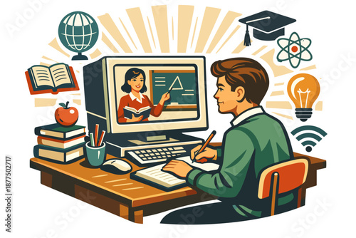 Student learning online from a teacher via computer, symbolizing distance education