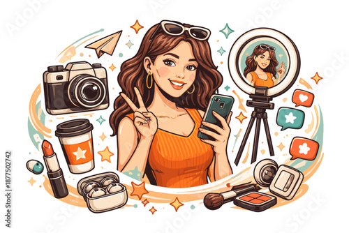Young woman vlogger creating content with camera, phone, and makeup kit