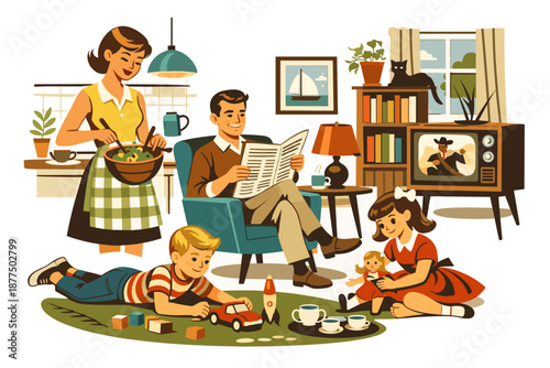 Retro family enjoying a cozy evening at home with mom cooking and dad reading newspaper