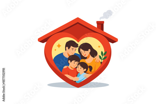 Loving family embracing inside a heart-shaped house, symbolizing home and togetherness