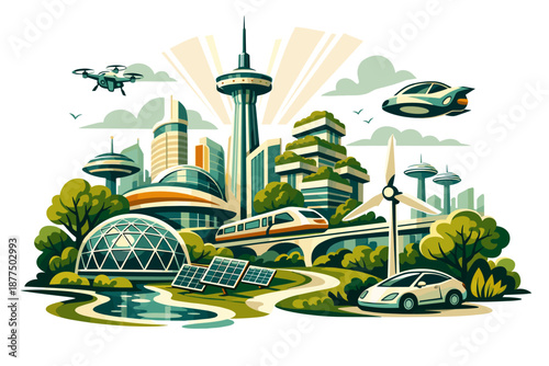 Vibrant futuristic city showcasing sustainable technology and green urban living