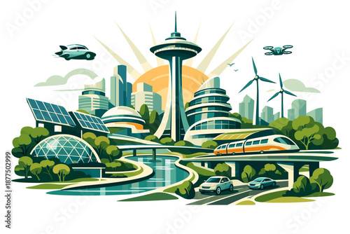 Futuristic cityscape with sustainable energy sources and advanced transportation systems