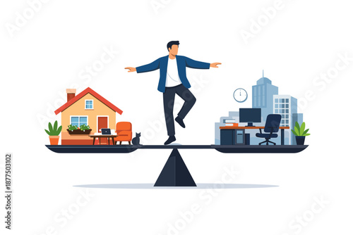 Man balancing work and home life on a scale, representing work-life balance