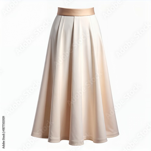 Elegant beige pleated skirt with a gold waistband on a white background showcases graceful fashion