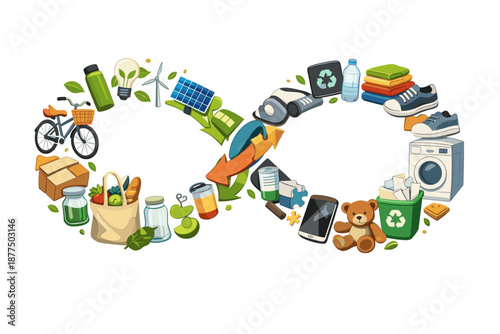 Circular economy concept with recycling arrows and everyday items illustration