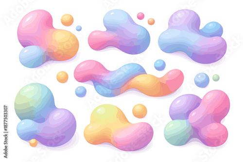 Abstract colorful blobs and spheres in pastel gradient colors, fluid shapes