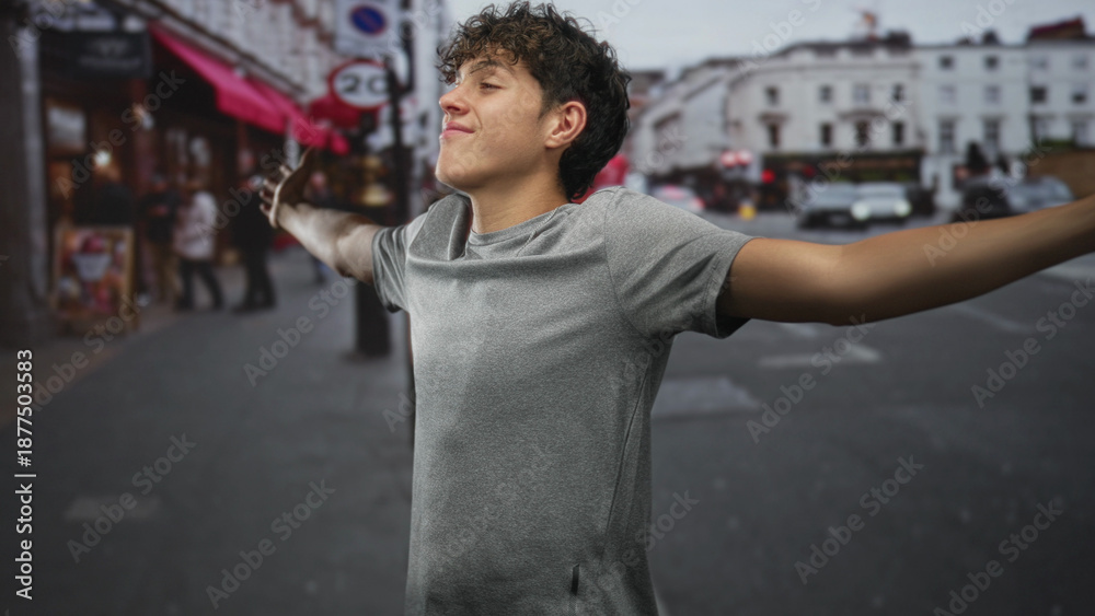 Fototapeta premium Teenage boy with outstretched bare arms smiling and looking sideways on a city street; joy openness youthful confidence.
