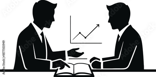 A black and white vector illustration of two suited men sitting at a table, engaged in discussion over an open book and a graph showing an upward trend