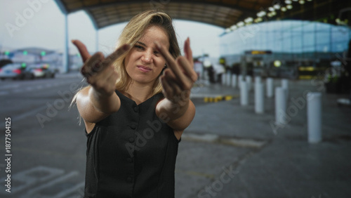 Bild auf Leinwand Woman showing both middle fingers toward camera at airport terminal curbside outside arrivals drop off lane; defiance protest