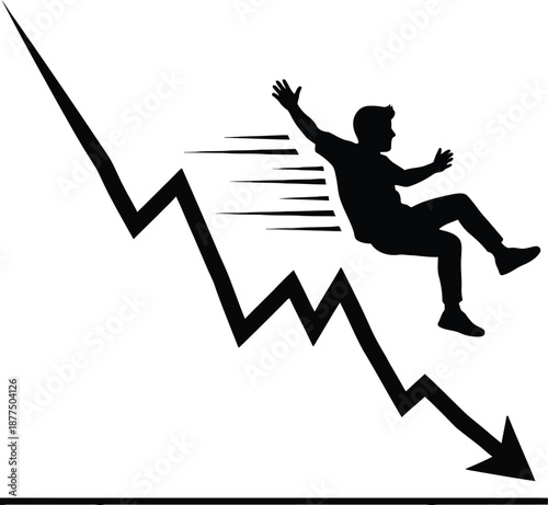 A black silhouette of a man falling off a jagged downward trending graph line with motion lines, on a pure white background.