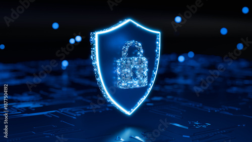 Fotografi Cyber Security Icon: A glowing digital shield, emblazoned with a lock, symbolizes the protective embrace of data security in a digital realm, safeguarding information from cyber threats