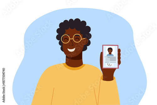 Man holding an ID document and looking into camera isolated on white background. Vector flat clipart. Concept of identity, verification, passport or ID check and personal data.