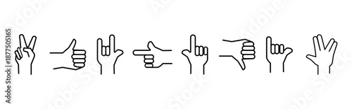 Set of outline hand gesture icons for use in web design, mobile apps, infographics, presentations, and UI UX projects.Minimal Outline Hand Sign Vector Set for Interfaces