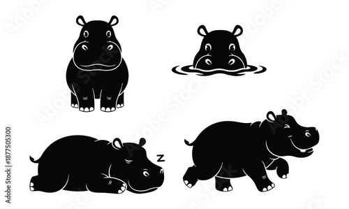 hippo silhouettes in water, walking, sleeping, standing, cartoon style with bold contrast