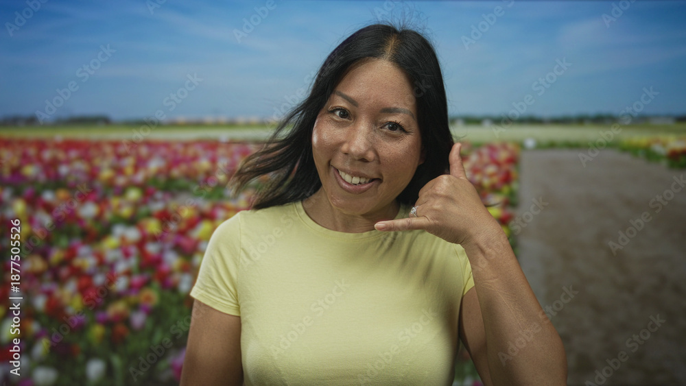Fototapeta premium Woman smiling and showing call gesture with hand and ring while wearing yellow t shirt on a studio tulip field set; friendly joy.