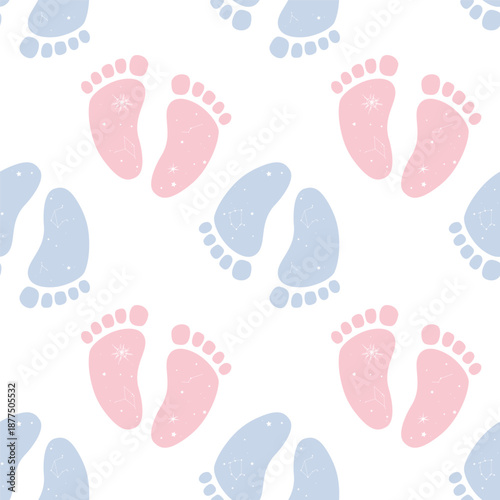 Seamless gender reveal pattern with boho baby feet and space symbols. Baby footprints with galaxy stars imprints. Vector illustration background.