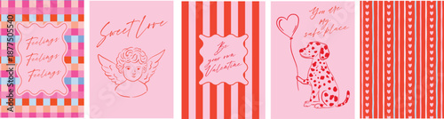 Valentine’s Day poster set with hand-drawn hearts, romantic quotes,  pink and red striped. checkered backgrounds. Ideal for greeting cards, wall art, social media graphics, party decor, banner designs
