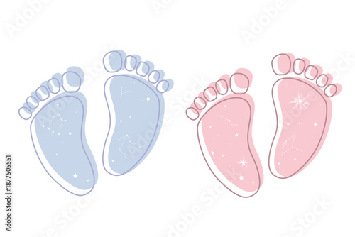 Scandinavian boho baby feet with space symbols. Baby boy and girl footprints with galaxy stars imprints. Hand drawn isolated vector element for baby shower or gender reveal decoration