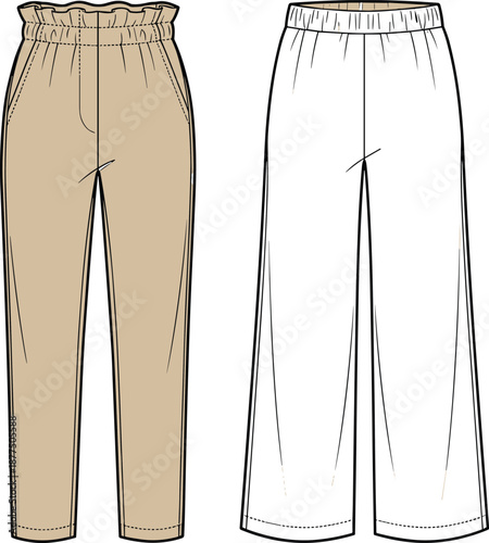 Pants fashion flat sketch, tapered jogger and wide-leg lounge styles, front views - vector illustration