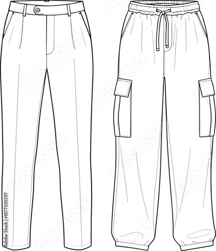  Pants fashion flat sketch, tailored trouser and cargo jogger styles, front views - vector illustration
