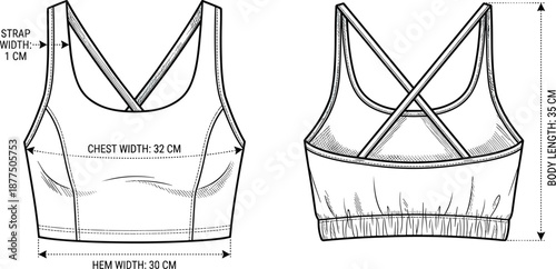 Sports bra technical fashion sketch, front and back views, labeled measurements and seam details - vector illustration
