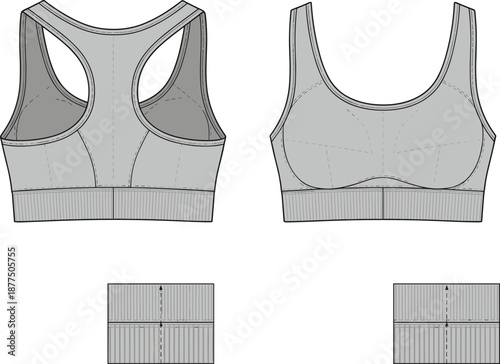 Sports bra technical fashion sketch, front and back views, racerback, scoop neck, ribbed band close-up - vector illustration