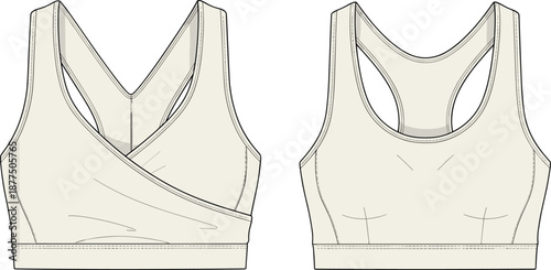 Sports bra technical fashion sketch, front and back views, wrap and racerback design - flat vector illustration