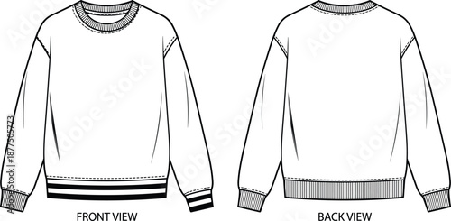 Sweatshirt fashion flat sketch, front and back views, crew neck, ribbed cuffs, striped hem - vector illustration