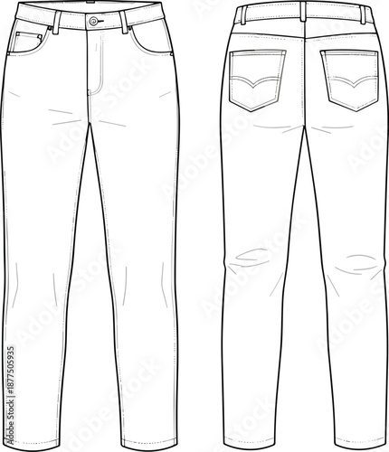 Jeans fashion flat sketch, front and back views, coin pocket, yoke, belt loops, stitching detail - vector illustration
