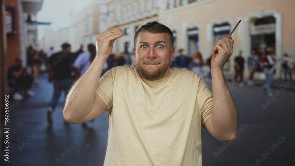Naklejka premium Young overweight man, bearded, holding screwdriver with palms up shrug on crowded city street during daytime; confusion diy help.