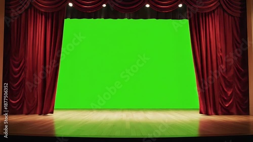 Stage theater red curtain opening and closing isolated on green chroma key background loop