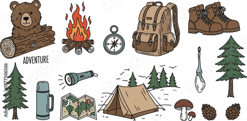 Collection of charming hand drawn outdoor adventure icons featuring a cute bear campfire backpack boots and essential camping gear