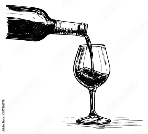 Hand drawn line art illustration of a wine bottle and glass depicting wine being poured for beverage and celebration themes