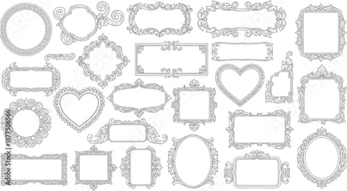 Collection of ornate black and white vintage baroque frames featuring diverse shapes like rectangles hearts and ovals perfect for elegant designs.