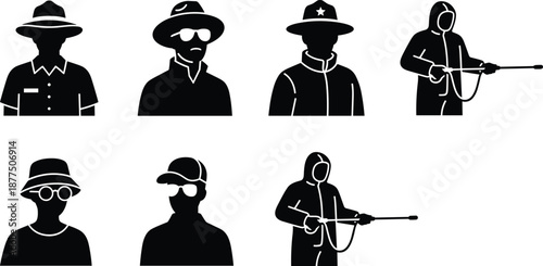 Protective gear silhouette set, 8 black vector icons of individuals in hats, suits, and spraying equipment