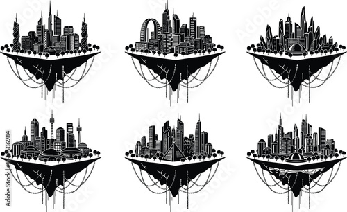 Floating city icon set, 6 black vector illustrations of futuristic urban landscapes suspended in air with cables and trees
