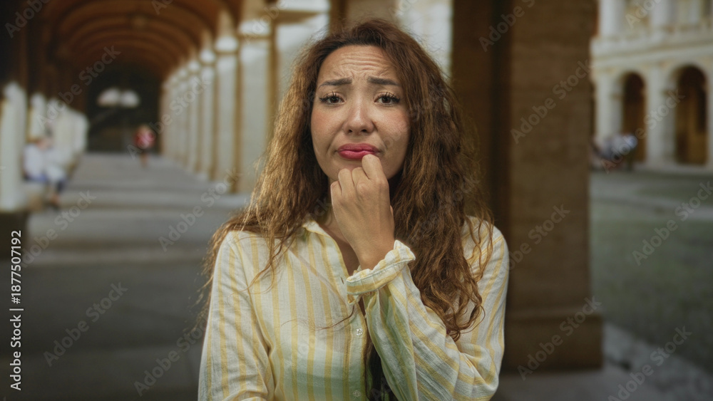 Fototapeta premium Woman touching chin with frown and hand near mouth on historic street arcade, striped yellow shirt visible; quiet concern.