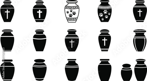 Collection of cremation urn silhouettes featuring human and pet memorial designs, decorative funeral containers, remembrance icons, elegant memorial product illustrations