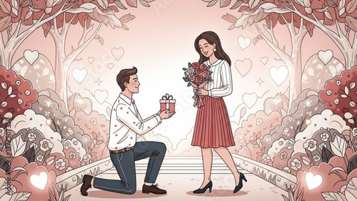 Man proposing to woman with bouquet and gift box in romantic garden setting