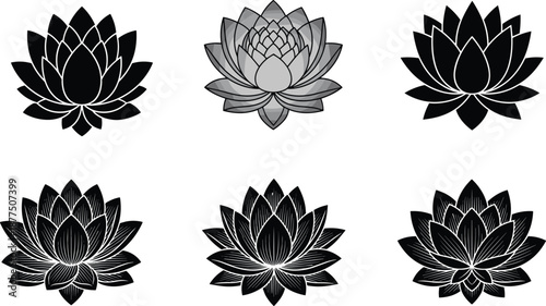 Lotus flower icon set, 6 black and grayscale vector illustrations with stylized petal arrangements and ornamental detailing