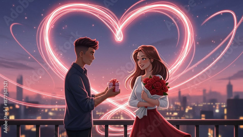 Romantic valentine's day scene with loving couple exchanging gifts and flowers on city balcony at sunset with heart lights