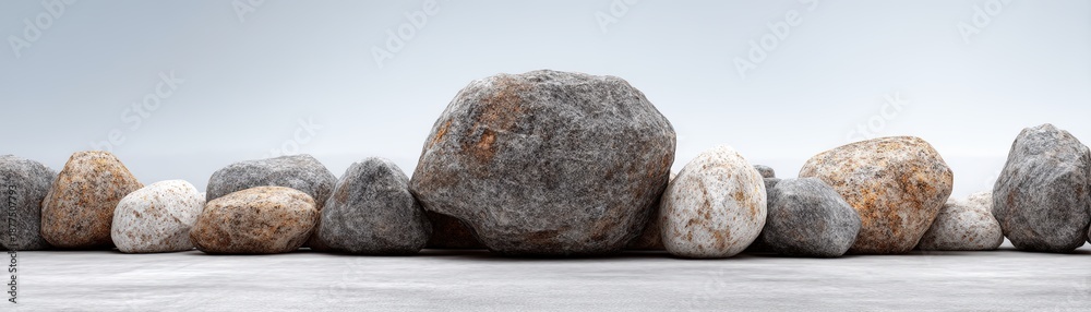 Fototapeta premium A row of varied-sized rocks is displayed against a minimalist background, different textures and colors, foundation, long-term investment, leadership