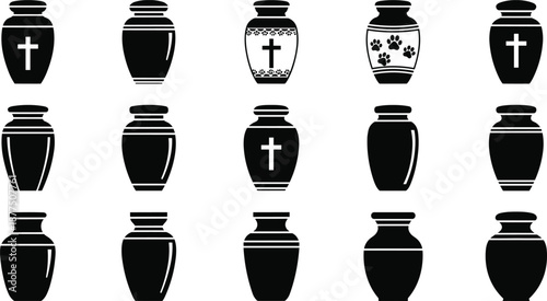 Collection of cremation urn icons featuring human and pet memorial designs, decorative funeral containers, remembrance symbols, elegant memorial product illustrations