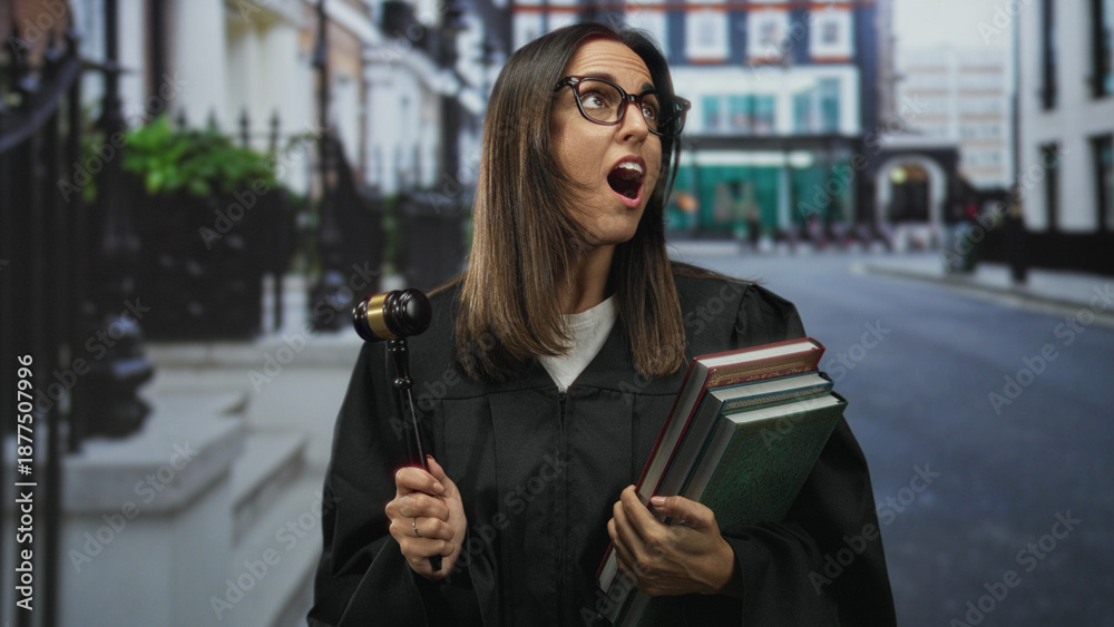 Obraz premium Woman judge holding gavel and stacked law books, mouth open in surprise on street wearing robe and glasses; surprise justice.