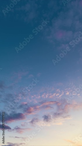 Gentle dusk sky featuring soft pink and blue hues with drifting clouds, Peaceful twilight horizon displaying pastel shades and slowmoving clouds for meditative visuals